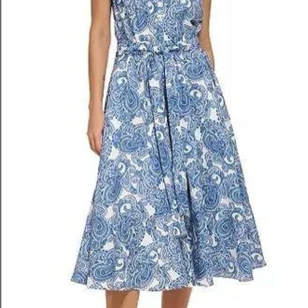 Tommy Hilfiger Hudson Paisley Sleeveless Dress Linen Belted Buttoned New